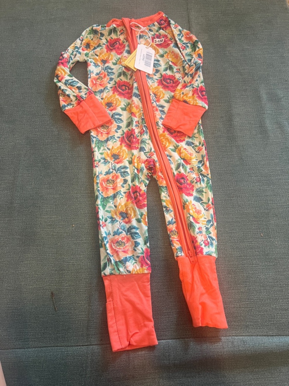 Floral Coral Zip Baby Footie Sleeper - 3-6M